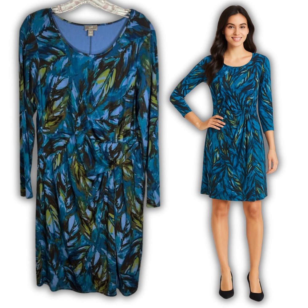 J Jill Wearever Teal Blue Leaf Feather Print Fit‎ & Flare Tropical Dress Size M